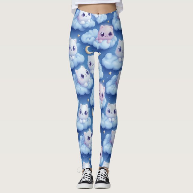 "Chubby Kawaii Cats and Clouds 3D Nahtlose Muster Leggings (Vorderseite)