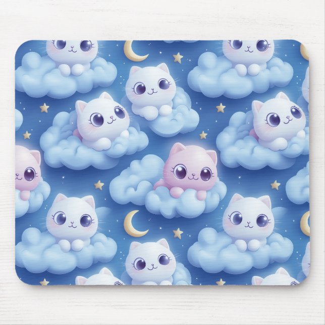 "Chubby Kawaii Cats and Clouds 3D Nahtlose Muster Mousepad (Vorne)