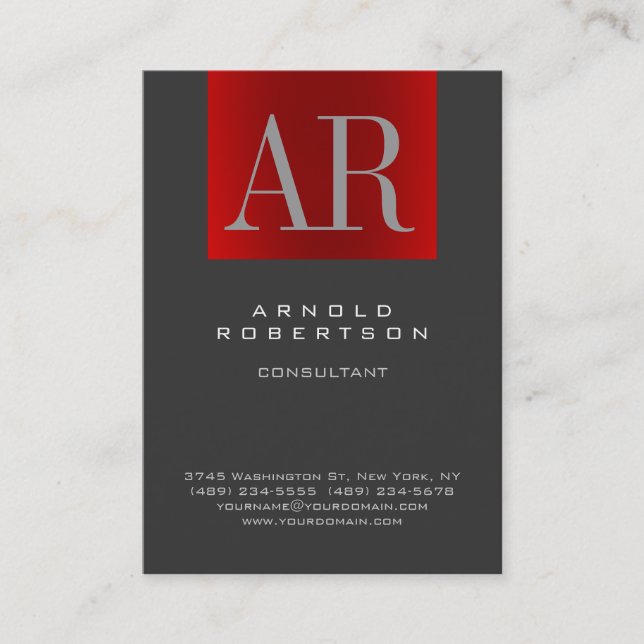 Chubby Stylish Gray Red Monogram Business Card Visitenkarte (Vorderseite)