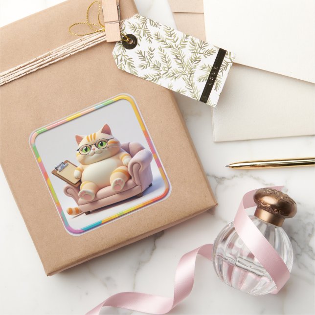 Chubby Tabby Couch Time Quadratischer Aufkleber (Schenken)