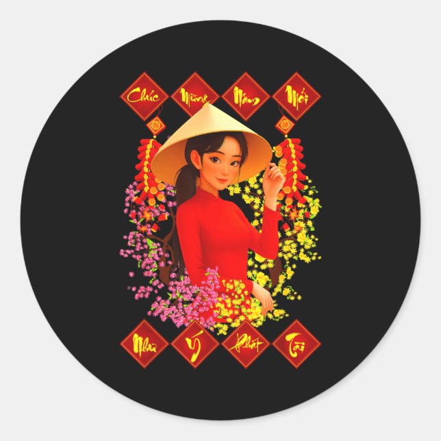 Chuc Mung Nam Moi Tet Binh Ngo 2026 Vietnamese Gir Runder Aufkleber (Vorderseite)