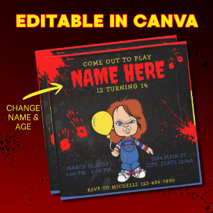 Chucky Doll Blue Red Yellow Bloody Einladung