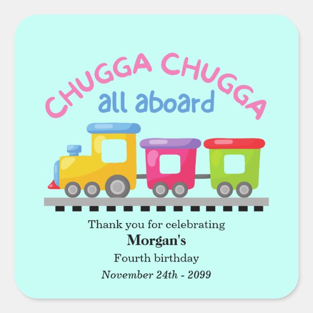 Chugga Choo Train thematischer Cartoon jeden Gebur Quadratischer Aufkleber (Vorderseite)