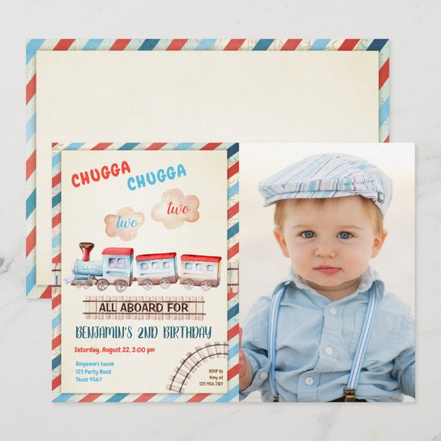 Chugga Two Train Choo Boy Red Blue Einladung (Vorne/Hinten)