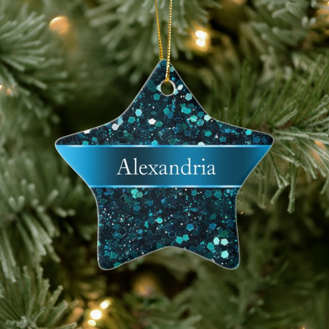 Chunky Blue Aqua Glitz Glitzer Weihnachtsname Keramik Ornament (Baum)