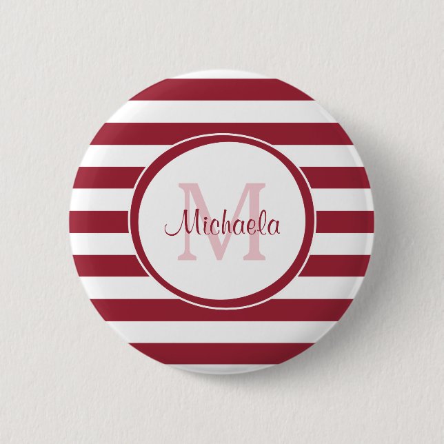 Chunky Deep Red Stripes Einfache Monogramm und Nam Button (Vorderseite)