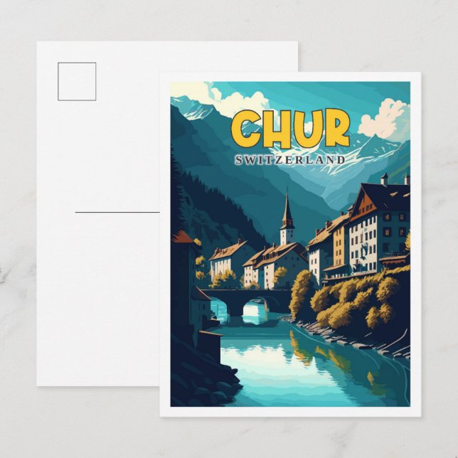 Chur Switzerland Vintage Illustration Postkarte (Vorne/Hinten)