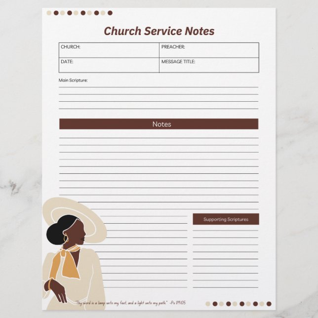 Church Black Woman Service Notes Christlich Bibel Briefbogen (Vorderseite)