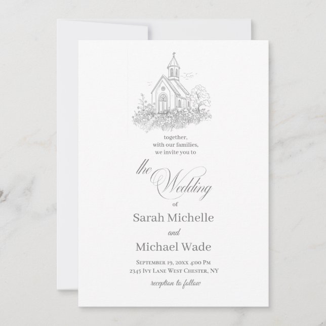 Church Calligraphy Wedding Invitation Einladung (Vorderseite)
