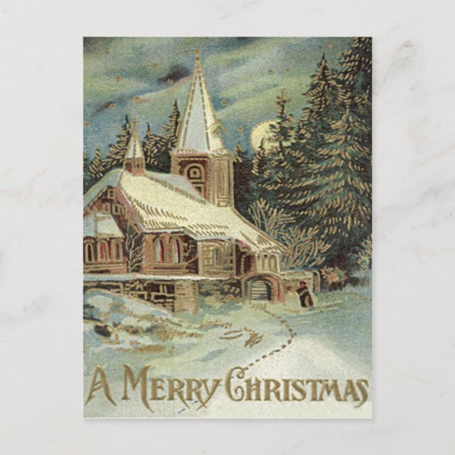 Church Evergreen Stars Winterschnee Postkarte (Vorderseite)