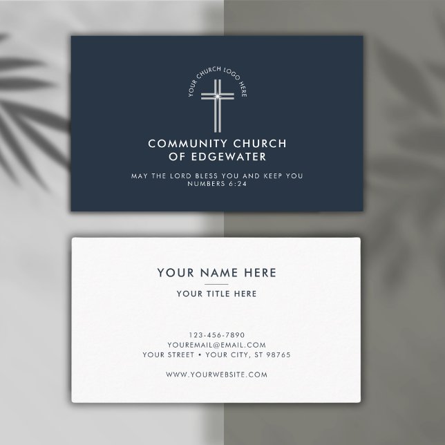 Church Pastor Modern Minimal Custom Logo Navy Visitenkarte (Customize with your church logo. Background colors can be changed too.)