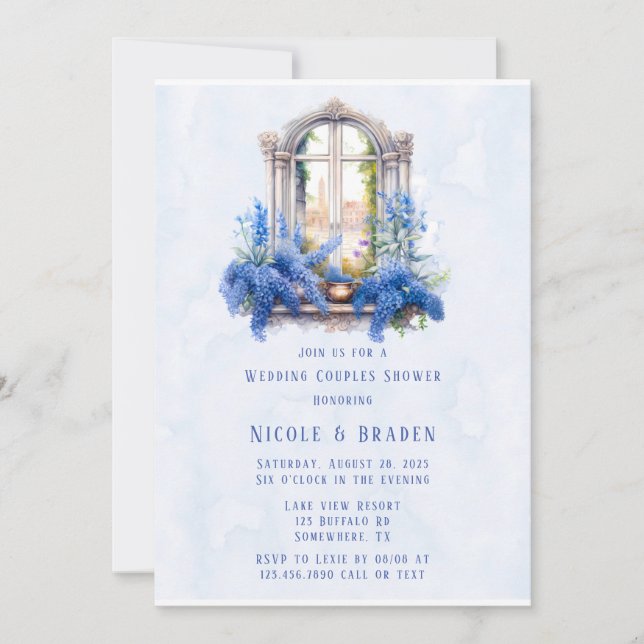 Church View Blue Floral Wedding Couples Dusche Einladung (Vorderseite)