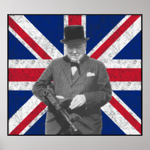 Churchill Posing mit einer Tommy-Waffe Poster