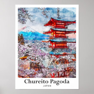 Chureito-Pagode Japan Reise Wasserfarbe Handgezeic Poster