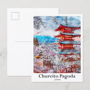Chureito Pagode Japan Reise Wasserfarbe Handgezeic Postkarte