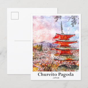 Chureito Pagode Japan Reise Wasserfarbe Handgezeic Postkarte
