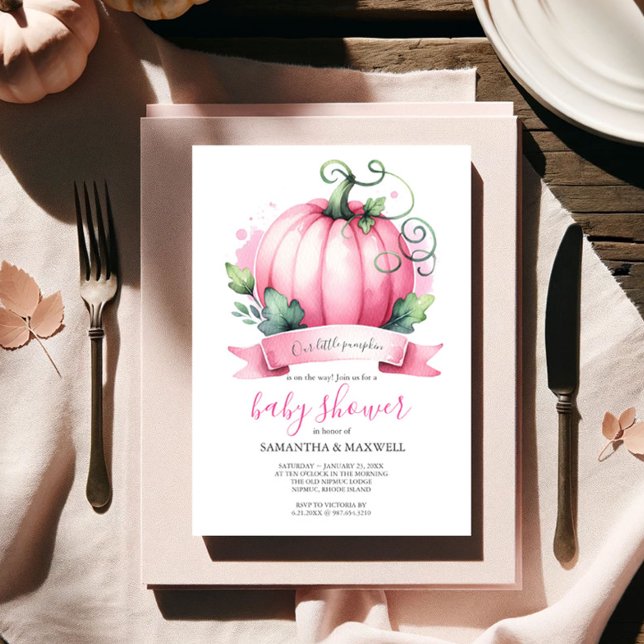 Chute Baby Douche Invitations Petite fille Citroui (Fall baby shower invitations watercolor pink pumpkin theme for a girl event Victoria Grigaliunas)