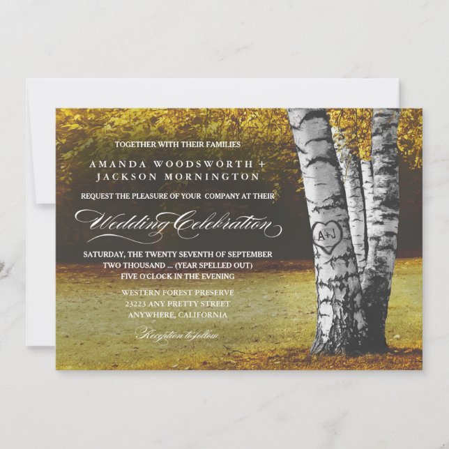 Chute Carved Coeur Birch Tree Invitations de maria (Devant)