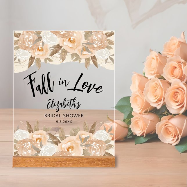 Chute dans l'amour Fête des mariées des fleurs de  (Fall in Love bridal shower clear acrylic sign with rustic peach flowers and leaves on top and bottom)