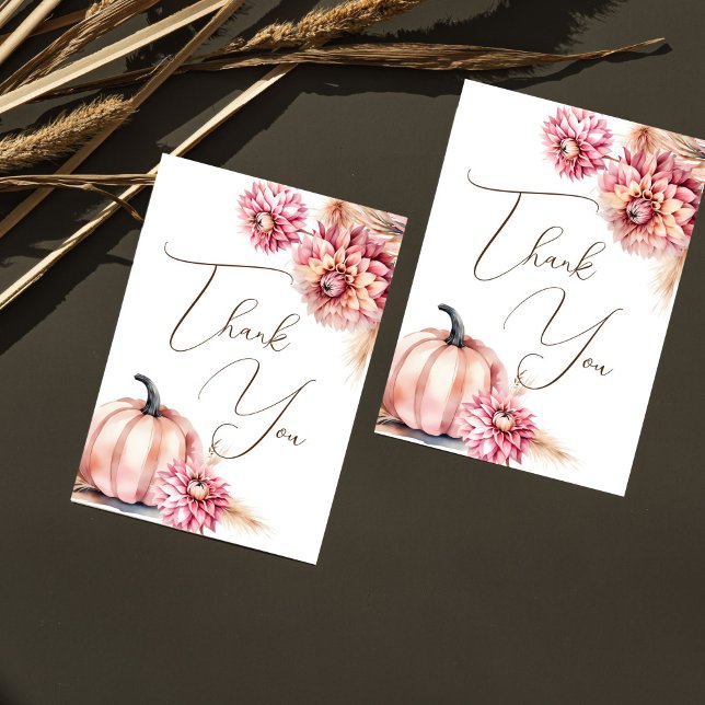 Chute thème boho nuptiale douche mariage merci (Fall themed bridal shower wedding thank you cards boho earthy desert pink pumpkin dahlias pampas)