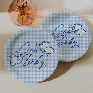 Ciao Baby Amalfi Zitronen Blau Gingham Babyparty Pappteller