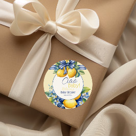 Ciao Baby Blue Bow Tile Lemon Babydusche Runder Aufkleber