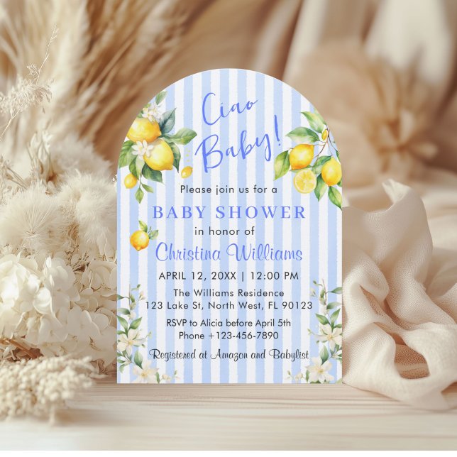 Ciao Baby Blue Citrus Lemon Baby Shower Invitation Einladung (Ciao Baby Blue Stripe Lemons Baby Shower invitation)