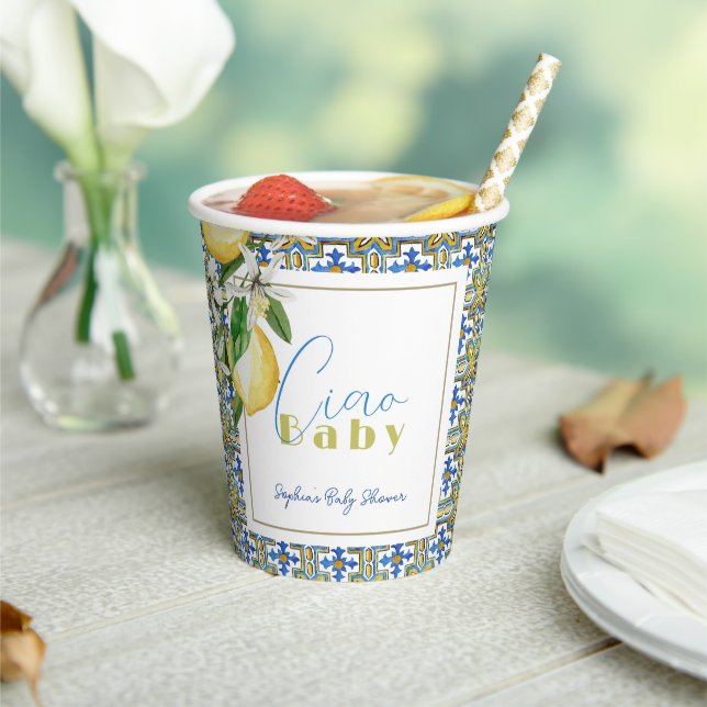 Ciao Baby Blue Tile Citrus Lemon Babydusche Pappbecher (In Situ)