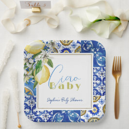 Ciao Baby Blue Tile Citrus Lemon Babydusche Pappteller