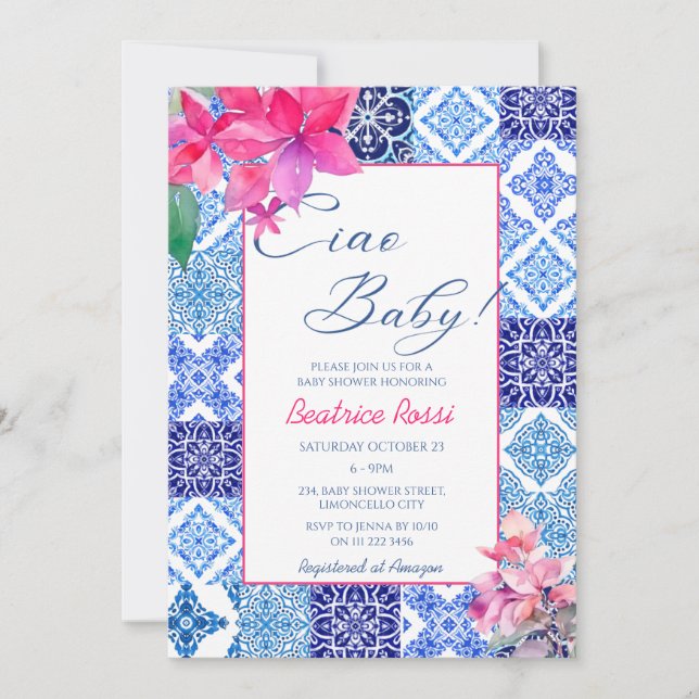 Ciao Baby Blue Tile Floral Girl Babydusche Einladung (Vorderseite)