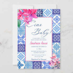 Ciao Baby Blue Tile Floral Girl Babydusche Einladung