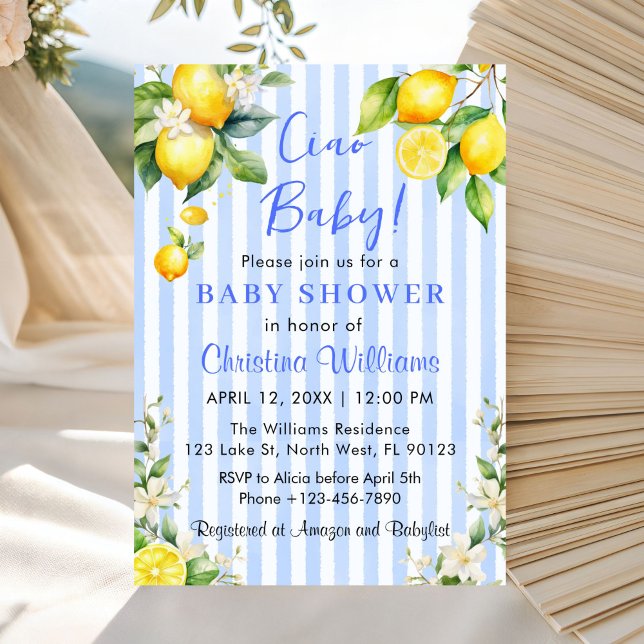 Ciao Baby Citrus Lemon Baby Shower Invitation Einladung (Ciao Baby Baby shower Blue & Lemons Invitation)