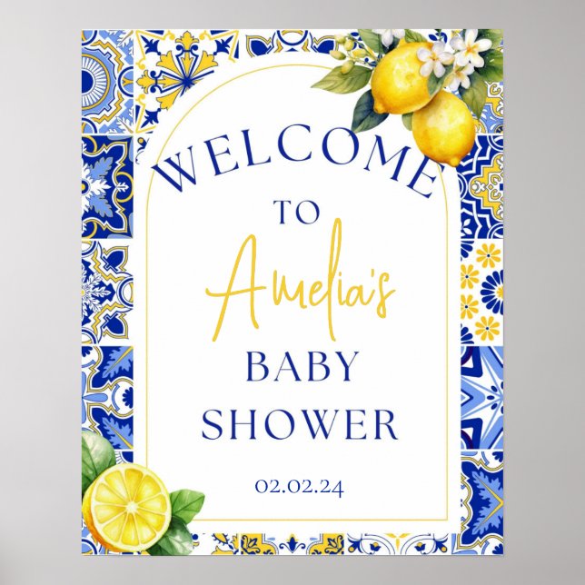 Ciao Baby Dusche Italienische blaue Fliesen Begrüß Poster (Vorne)