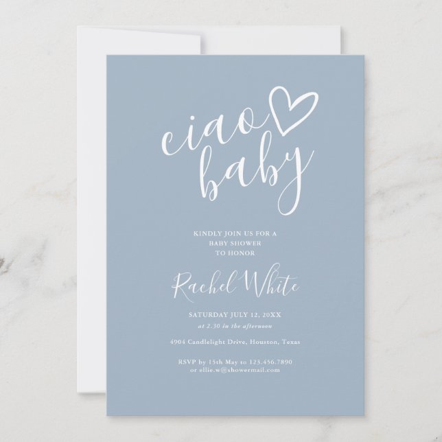 Ciao Baby Dusty Blue All in one Baby Dusche Einladung (Vorderseite)