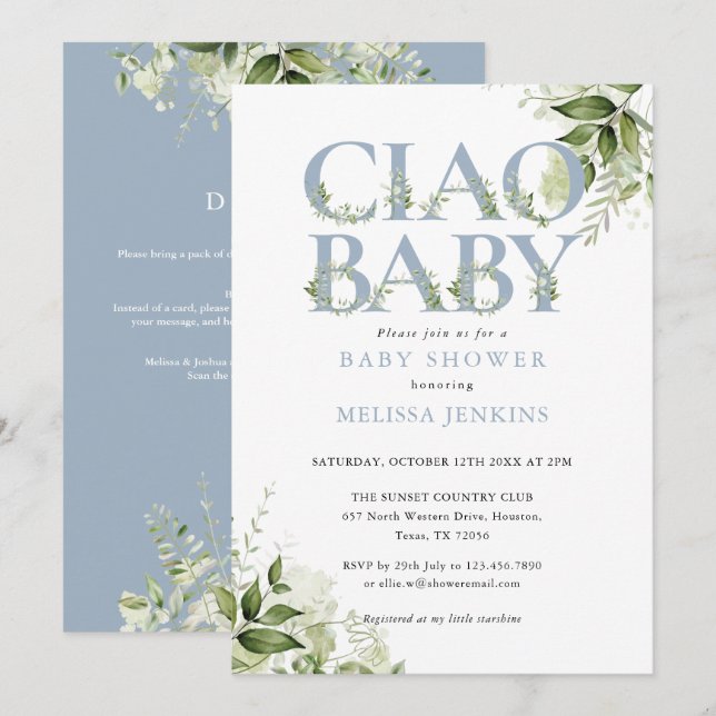 Ciao Baby Dusty Blue Floral Alles in einer Babydus Einladung (Vorne/Hinten)