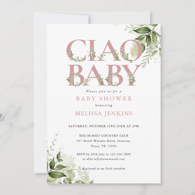 Ciao Baby Dusty Rose Pink Greenery Baby Dusche Einladung (Vorderseite)