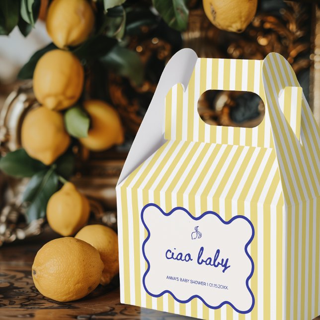 Ciao Baby Handgezogenes Blue & Yellow Baby Dusche Geschenkschachtel (ciao baby blue and yellow hand drawn favor boxes for italian baby shower inspired by lemons)
