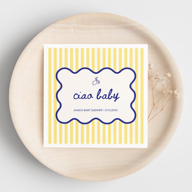 Ciao Baby Handgezogenes Blue & Yellow Baby Dusche Serviette (ciao baby yellow stripes hand drawn italian ciao bambino baby shower citrus lemon butter yellow)