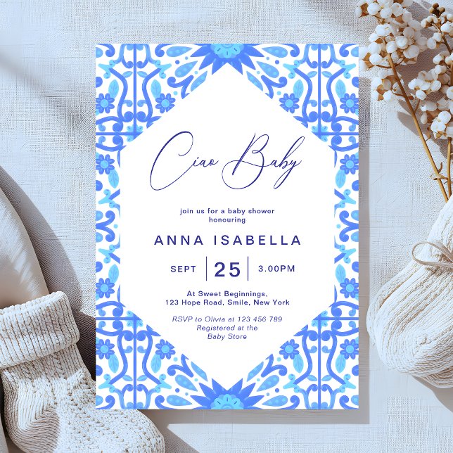 Ciao Baby Italian Blue Tile Minimalistisch Baby Du Einladung (Von Creator hochgeladen)