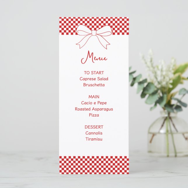 Ciao Baby! Italian Red Bow Gingham Baby Shower  Menükarte (Stehend Vorderseite)