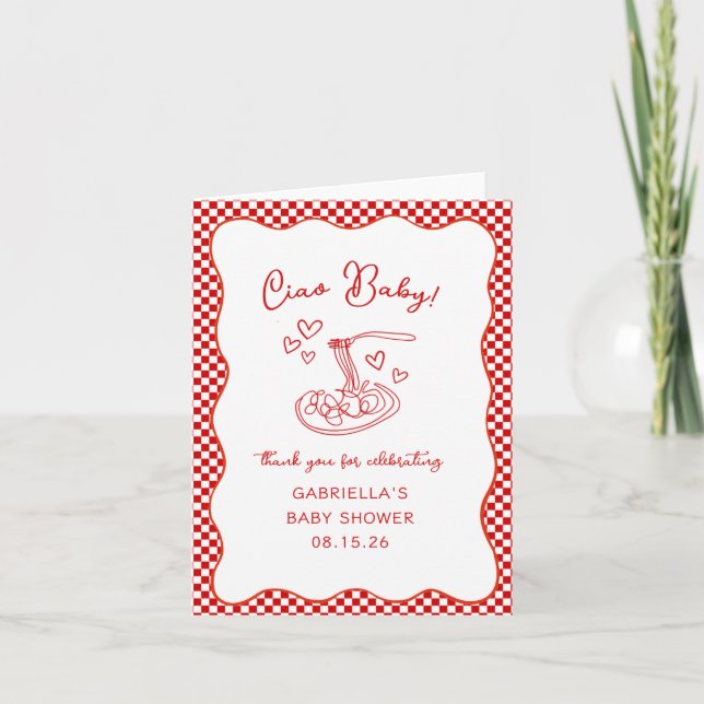 Ciao Baby! Italienische Red Pasta Baby Dusche Dank Dankeskarte (Vorderseite)