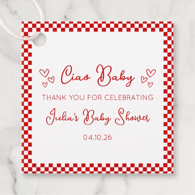 Ciao Baby! Italienische rote Babyparty-Dankeschön Geschenkanhänger (Vorderseite)