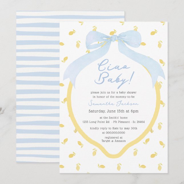 Ciao Baby Lemon & Blue Bow Boy Baby Dusche Einladung (Vorne/Hinten)