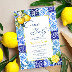 Ciao Baby Lemon Blue Tiles Italian Baby Shower Einladung