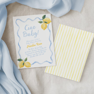 Ciao Baby Lemons, Italienische Babyparty Blau Gelb Einladung