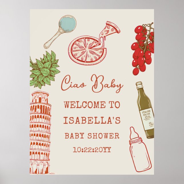 Ciao Baby Line Art Italian Pizza Baby Shower Poster (Vorne)