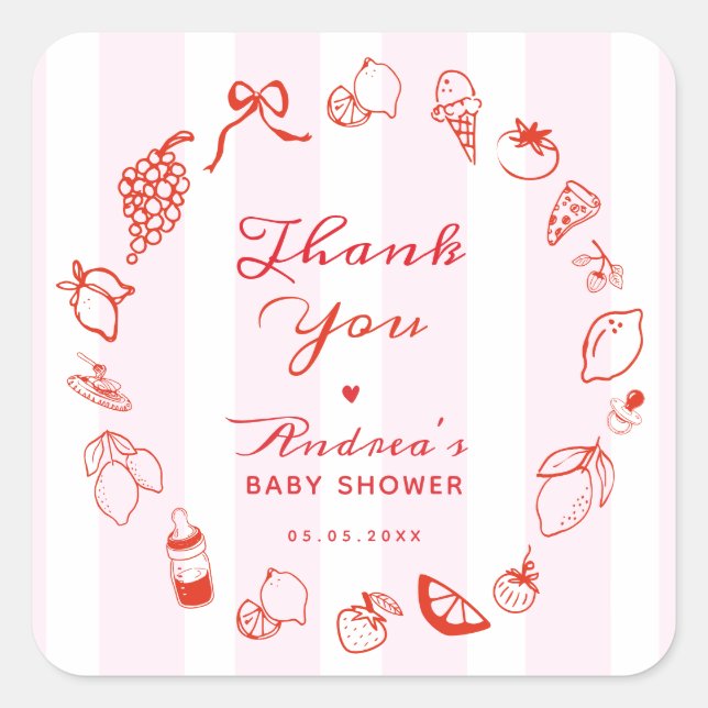 Ciao Baby Pink & Red Hand Drawing Italienische Bab Quadratischer Aufkleber (Vorderseite)