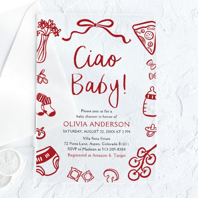 Ciao Baby Whimsical Italienische Pizza Niedlich Ba Acryleinladungen (Ciao Baby Whimsical Italian Pizza Cute Baby Shower Acrylic Invitation)