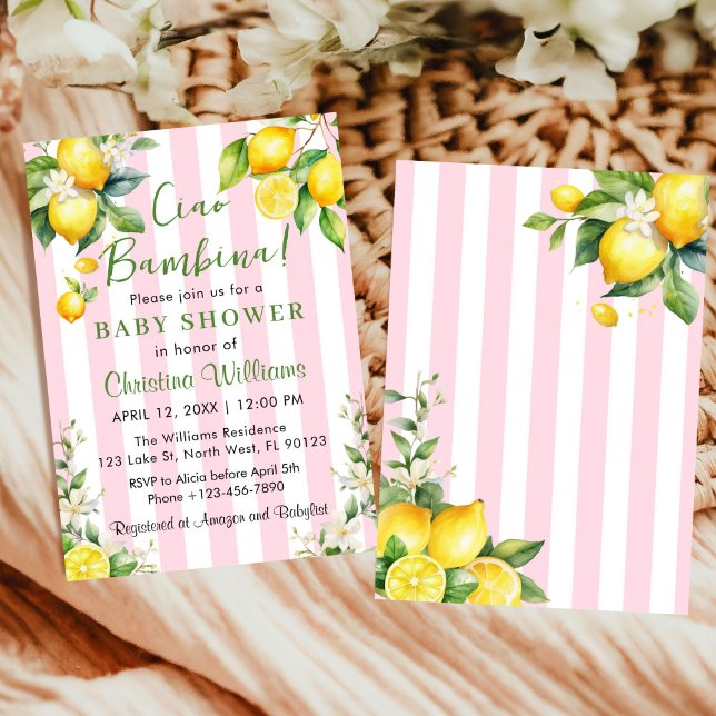 Ciao Bambina Baby shower Citrus rose Invitation (Ciao Bambina Baby Shower Pink citrus lemons Invitation)