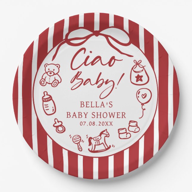Ciao Bambino Italienische Illustrierte Babydusche Pappteller (Vorderseite)